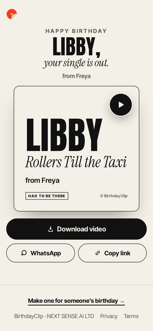 Libby’s birthday page: Happy birthday, Libby, from Freya, with play, Download video, WhatsApp and Copy link.